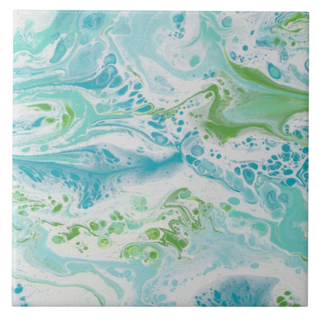 blue green & white ocean inspired swirl painting ceramic tile (Front)