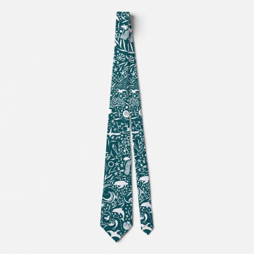 Blue Green White Ocean Pattern Dolphin Wave Shell Neck Tie