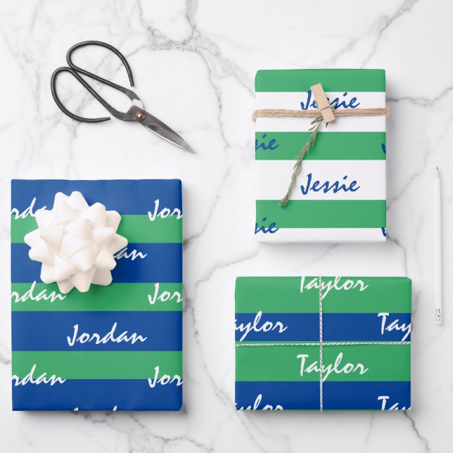 Blue Green White Personalized Wrapping Paper (Front)