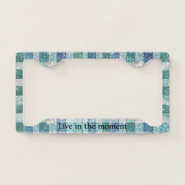 Blue Green White Plaid Stripes Sparkle License Plate Frame (Front)
