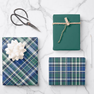 Blue, Green & White Plaid Wrapping Paper Sheets