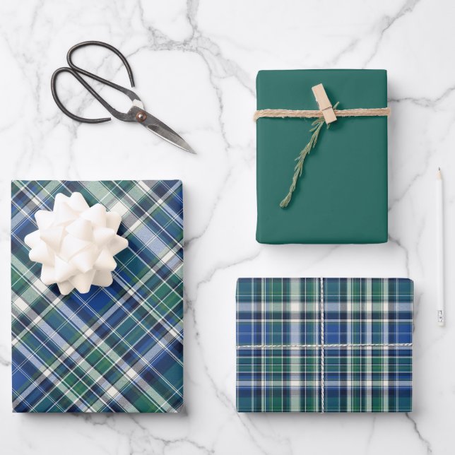 Blue, Green & White Plaid Wrapping Paper Sheets (Front)