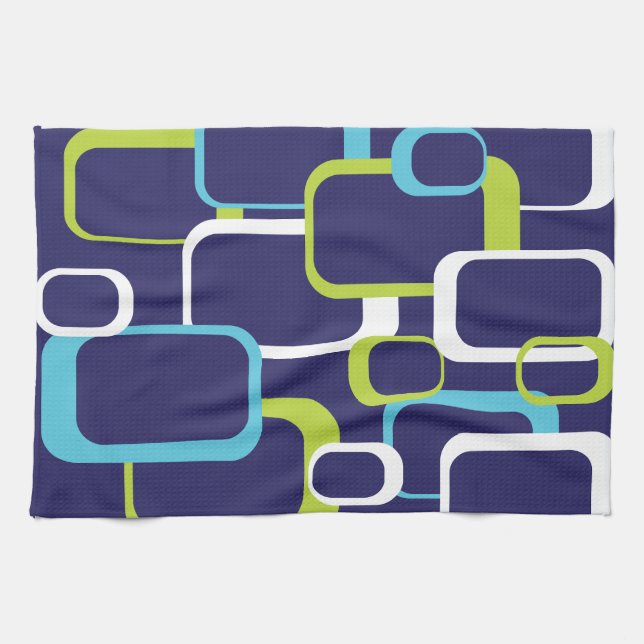 Blue Green White Retro Squares Pattern Kitchen Towel (Horizontal)
