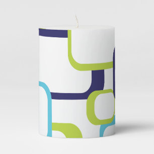 Blue Green White Retro Squares Pattern Pillar Candle