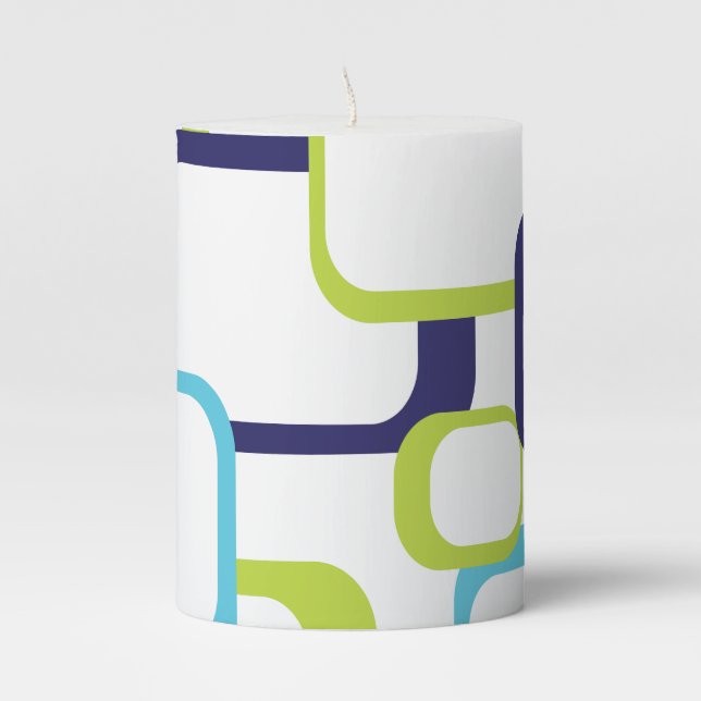 Blue Green White Retro Squares Pattern Pillar Candle (Front)