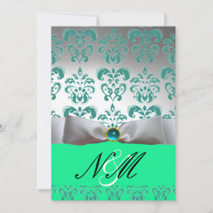 BLUE GREEN  WHITE RIBBON  BLACK DAMASK MONOGRAM INVITATION