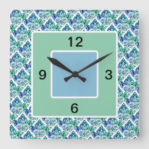 Blue Green white Square, Wall Clock