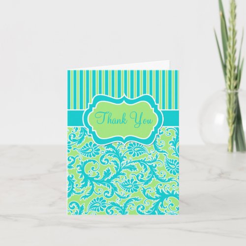 Blue Green White Stripe Damask Thank You Card