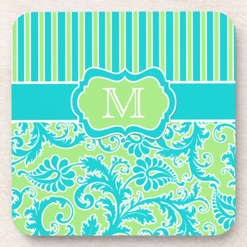 Blue Green White Striped Damask Coaster Set 6