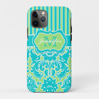 Blue, Green, White Striped Damask iPhone 11 Pro Case