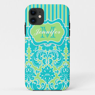 Blue, Green, White Striped Damask iPhone 5 11 Case