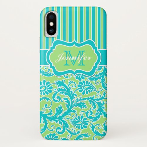 Blue Green White Striped Damask iPhone X Case