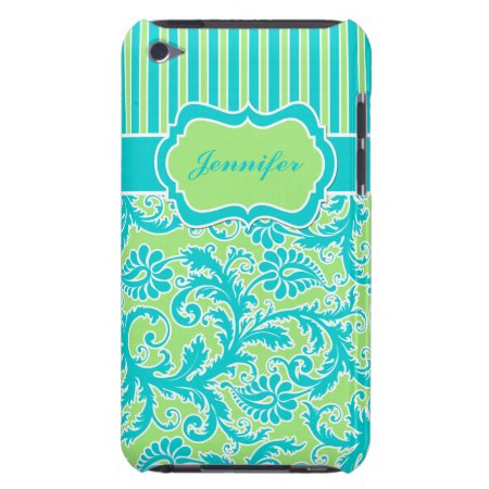 Blue, Green, White Striped Damask Ipod Touch Case