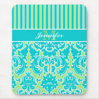 Blue Green White Striped Damask Monogram Mousepad