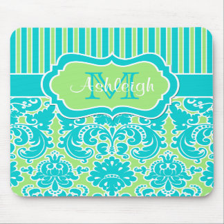 Blue Green White Striped Damask Monogram Mousepad