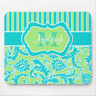 Blue Green White Striped Damask Monogram Mousepad