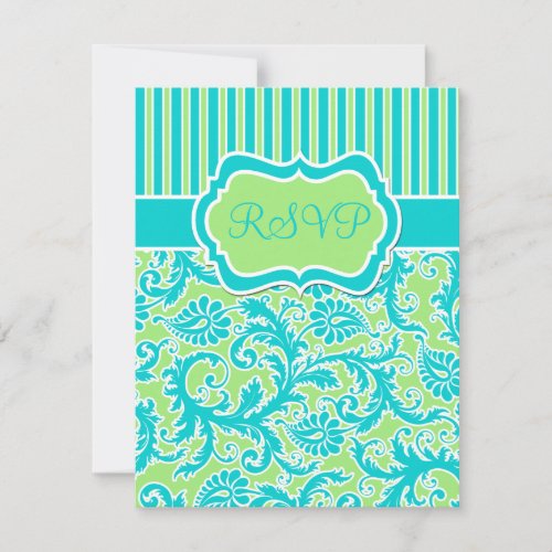Blue Green White Striped Damask Reply Card