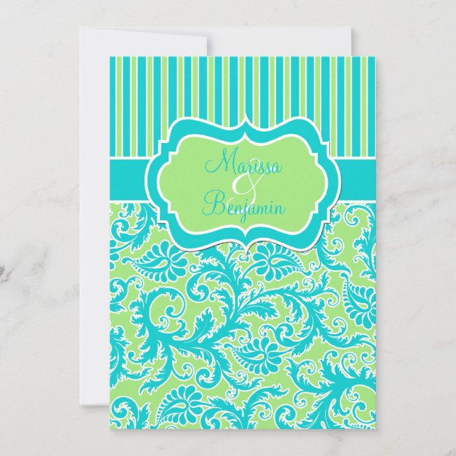 Blue Green White Striped Damask Wedding Invite (Front)