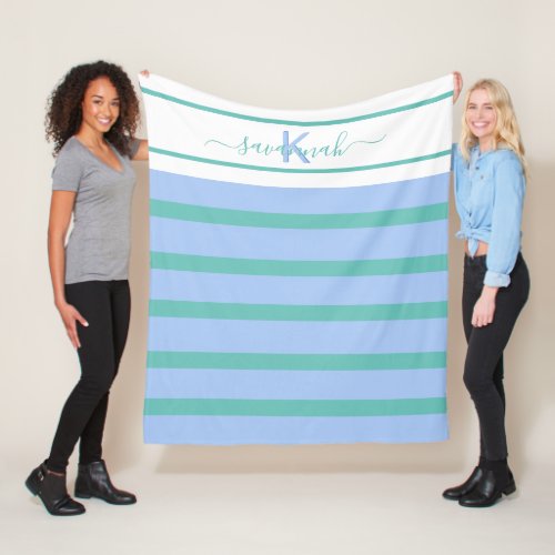 Blue green white stripes monogram fleece blanket