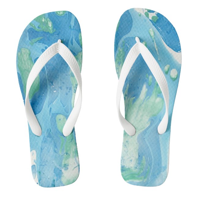Blue Green White Trendy Modern Abstract Art Flip Flops (Footbed)