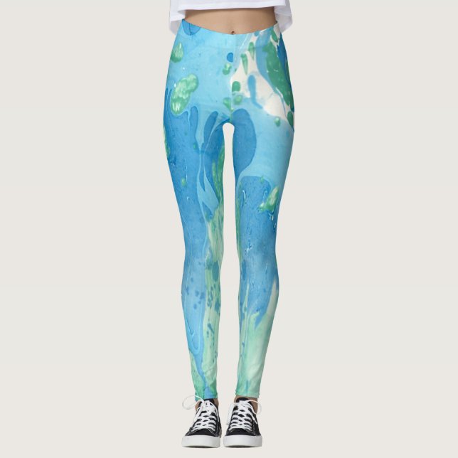 Blue Green White Trendy Modern Abstract Template Leggings (Front)