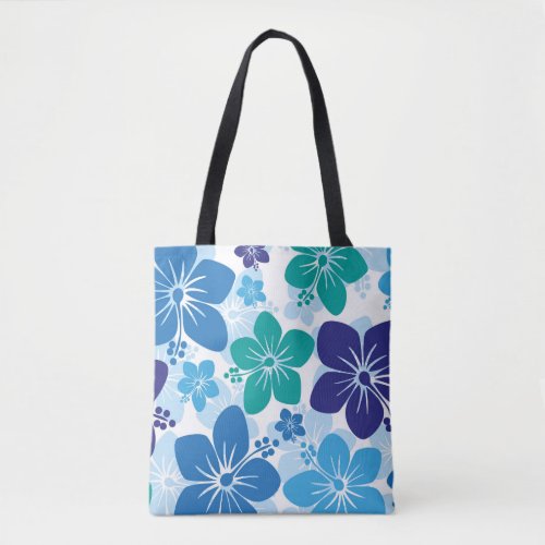 Blue Green White Tropical Hawaiian Floral Tote