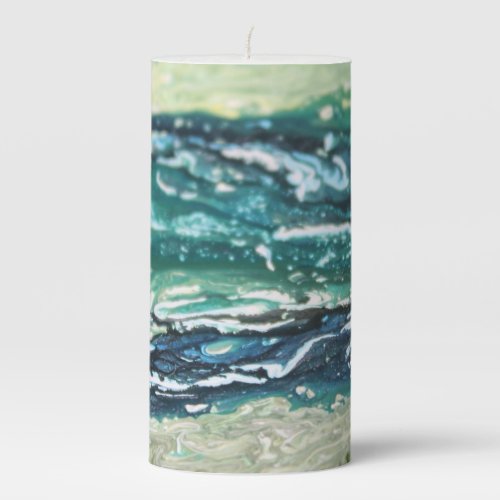 Blue green white turquoise abstract paint lines pillar candle