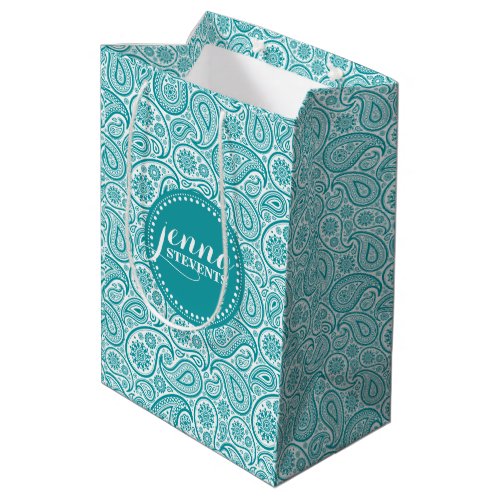 Blue_Green  White Vintage Paisley Pattern Medium Gift Bag