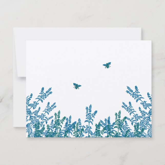 Blue Green Wild Flower Bee Wedding RSVP #3 (Front)