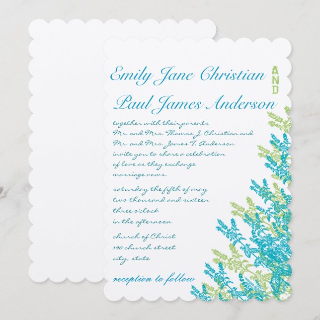 Blue Green Wild Flowers Floral Wedding Invitations (Front/Back)