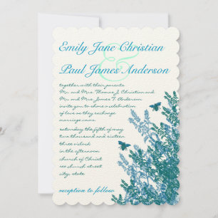 Blue Green Wildflower Bees Wedding Invitation