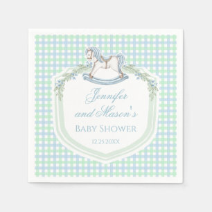 Blue green wooden horse gingham baby boy shower napkins