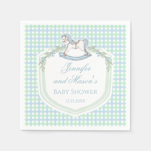 Blue green wooden horse gingham baby boy shower napkins