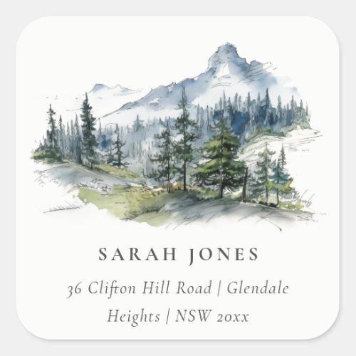 Blue Green Woods Mountain Landscape Sketch Address Square Sticker
