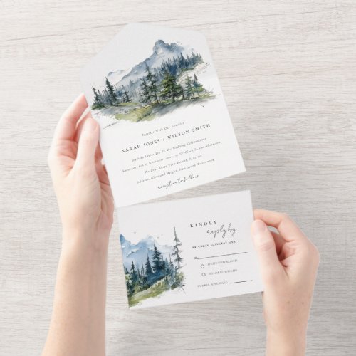 Blue Green Woods Mountain Landscape Sketch Wedding All In One Invitation