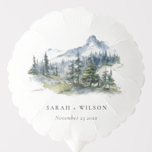 Blue Green Woods Mountain Landscape Sketch Wedding Balloon
