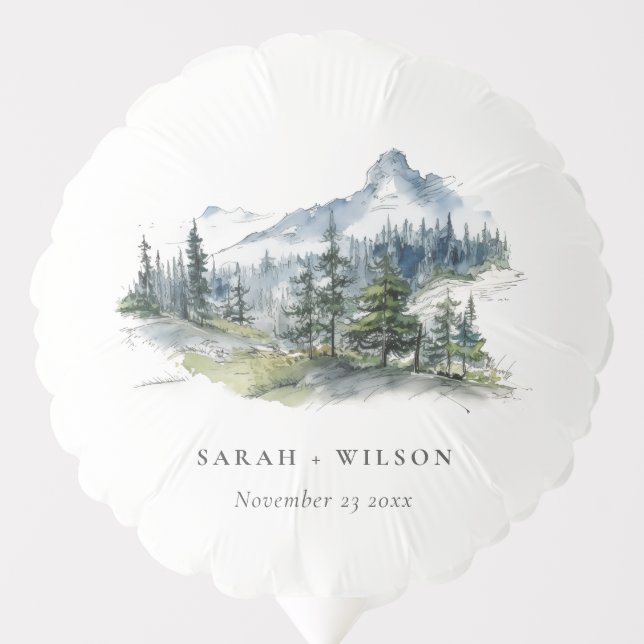Blue Green Woods Mountain Landscape Sketch Wedding Balloon (Front)