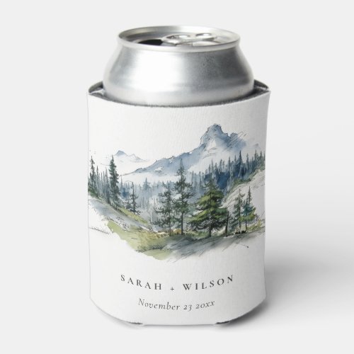 Blue Green Woods Mountain Landscape Sketch Wedding Can Cooler