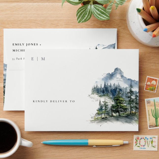 Blue Green Woods Mountain Landscape Sketch Wedding Envelope (Desk)