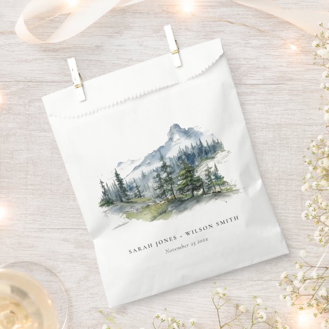 Blue Green Woods Mountain Landscape Sketch Wedding Favor Bag (Clipped)