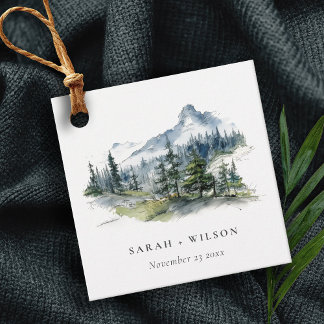 Blue Green Woods Mountain Landscape Sketch Wedding Favor Tags