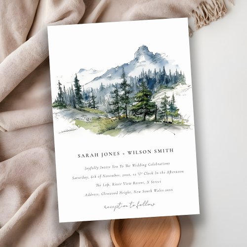 Blue Green Woods Mountain Landscape Sketch Wedding Invitation