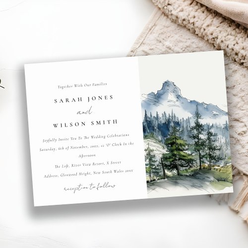 Blue Green Woods Mountain Landscape Sketch Wedding Invitation