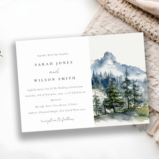 Blue Green Woods Mountain Landscape Sketch Wedding Invitation (Creator Uploaded)