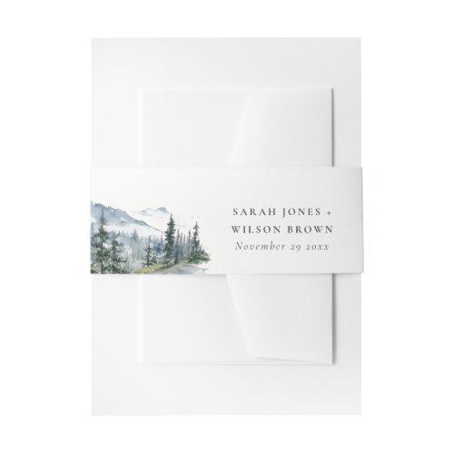 Blue Green Woods Mountain Landscape Sketch Wedding Invitation Belly Band