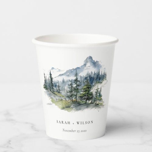 Blue Green Woods Mountain Landscape Sketch Wedding Paper Cups
