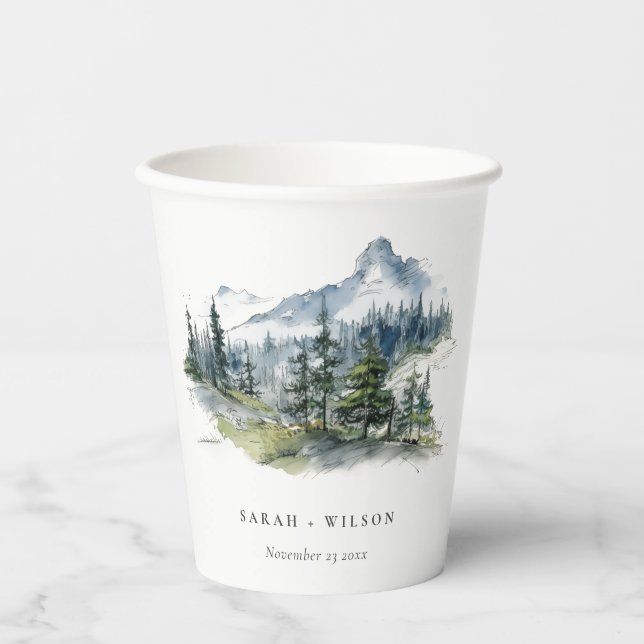 Blue Green Woods Mountain Landscape Sketch Wedding Paper Cups (Front)