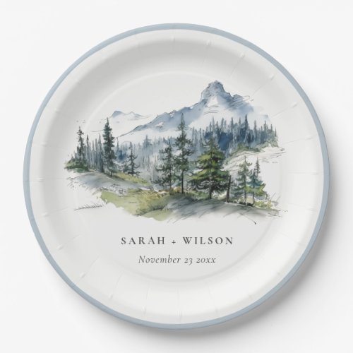 Blue Green Woods Mountain Landscape Sketch Wedding Paper Plates