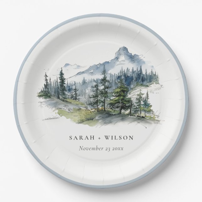 Blue Green Woods Mountain Landscape Sketch Wedding Paper Plates (Front)