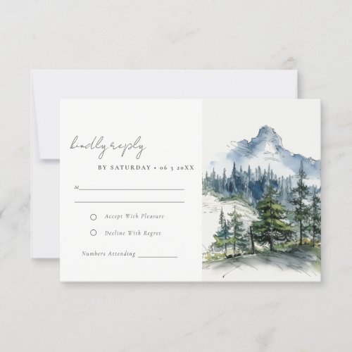 Blue Green Woods Mountain Landscape Sketch Wedding RSVP Card
